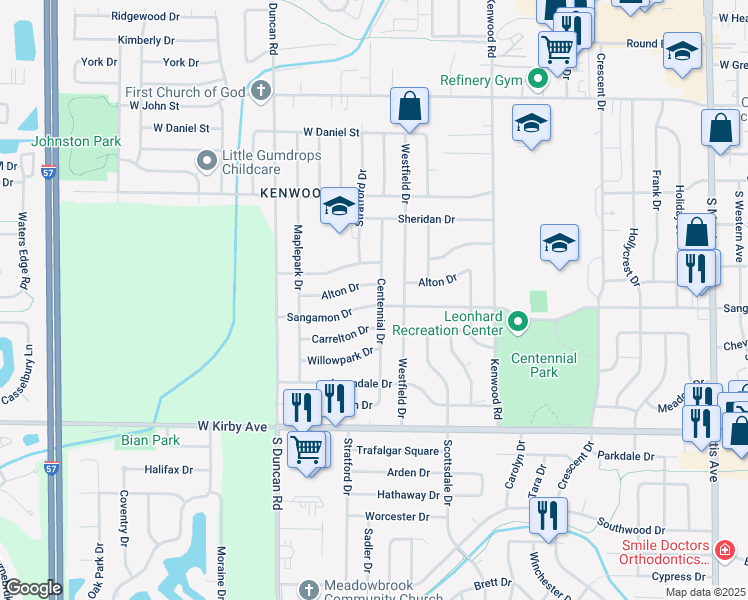 map of restaurants, bars, coffee shops, grocery stores, and more near 2706 Sangamon Drive in Champaign