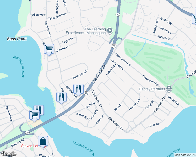 map of restaurants, bars, coffee shops, grocery stores, and more near 924-926 New Jersey 70 in Brielle