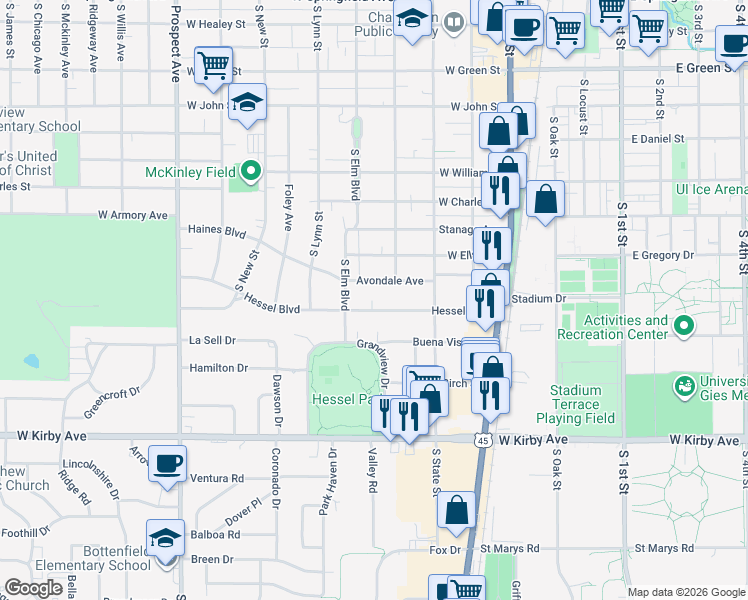 map of restaurants, bars, coffee shops, grocery stores, and more near 412 Hessel Boulevard in Champaign