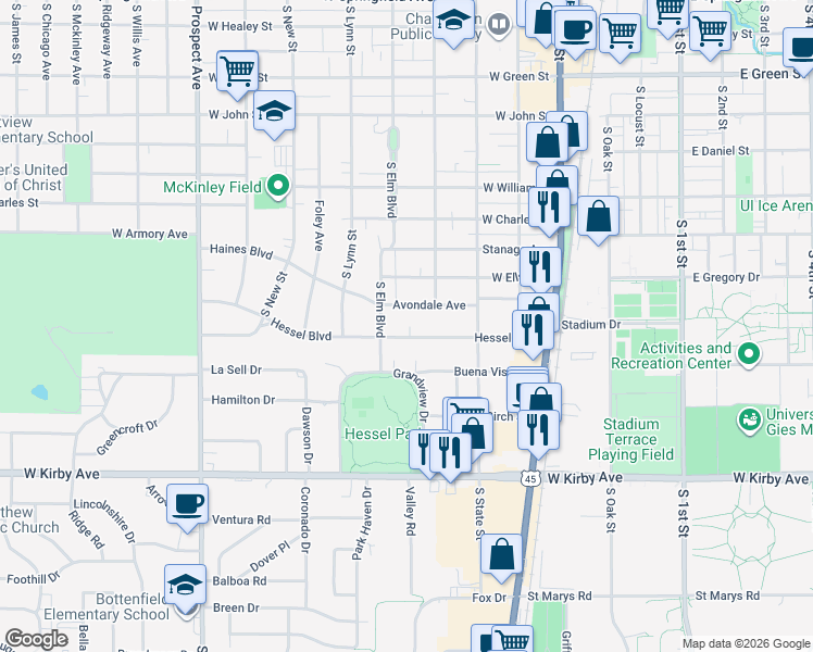 map of restaurants, bars, coffee shops, grocery stores, and more near 412 Hessel Boulevard in Champaign