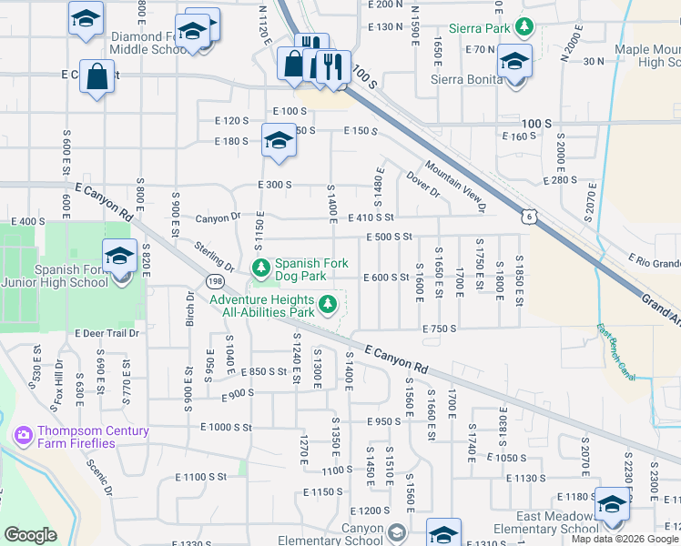 map of restaurants, bars, coffee shops, grocery stores, and more near 1385 East 600 South Street in Spanish Fork