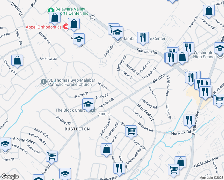 map of restaurants, bars, coffee shops, grocery stores, and more near 9878 Bridle Road in Philadelphia