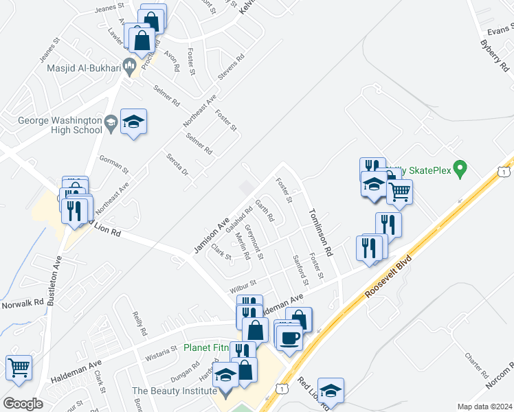 map of restaurants, bars, coffee shops, grocery stores, and more near 1850 Garth Road in Philadelphia