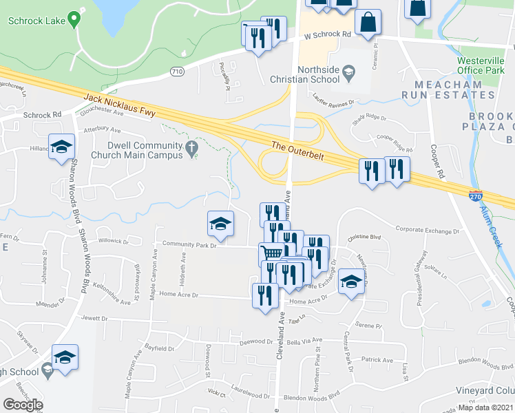 map of restaurants, bars, coffee shops, grocery stores, and more near 15 in Columbus
