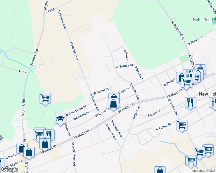 map of restaurants, bars, coffee shops, grocery stores, and more near 401 W Cedar St in New Holland