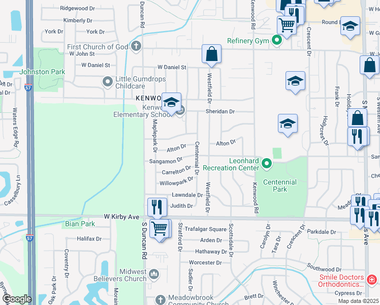 map of restaurants, bars, coffee shops, grocery stores, and more near 2706 Sangamon Drive in Champaign