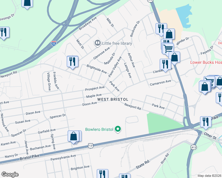 map of restaurants, bars, coffee shops, grocery stores, and more near 917 Newport Road in Bristol