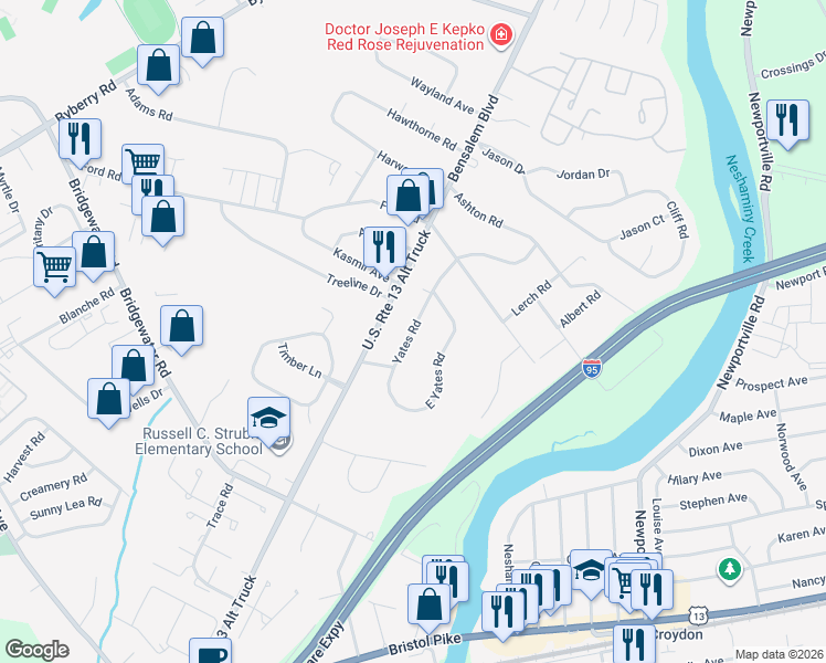map of restaurants, bars, coffee shops, grocery stores, and more near 4500 Yates Road in Bensalem