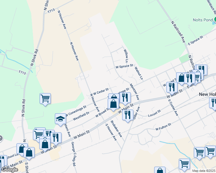 map of restaurants, bars, coffee shops, grocery stores, and more near 401 W Cedar St in New Holland
