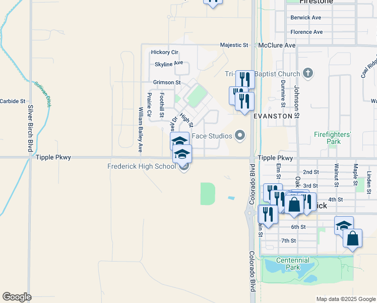map of restaurants, bars, coffee shops, grocery stores, and more near 5753 Orchard Avenue in Longmont