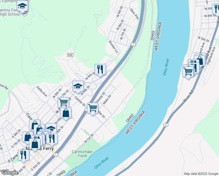 map of restaurants, bars, coffee shops, grocery stores, and more near 830 Dewey Street in Martins Ferry