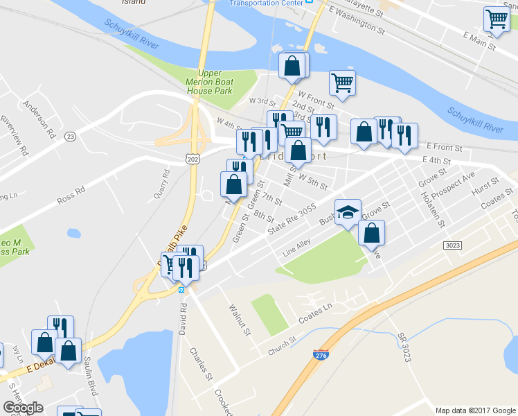 map of restaurants, bars, coffee shops, grocery stores, and more near 125 8th Street in Bridgeport