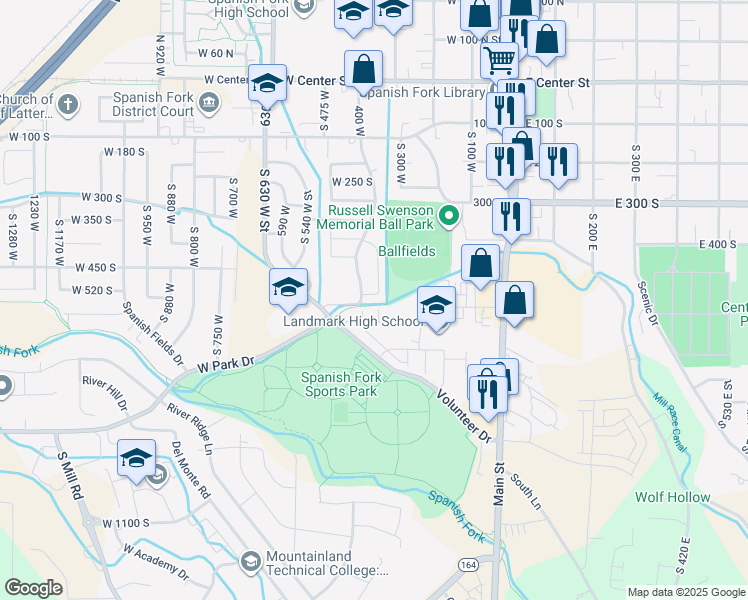 map of restaurants, bars, coffee shops, grocery stores, and more near 351 West 530 South in Spanish Fork