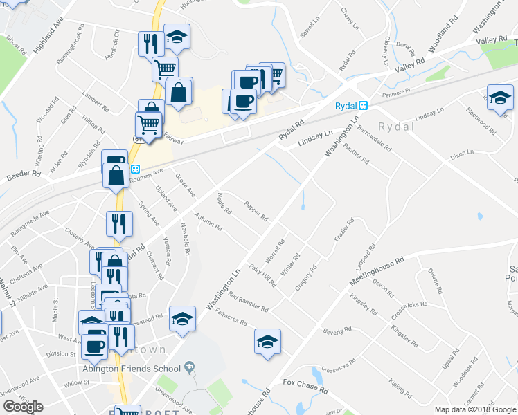 map of restaurants, bars, coffee shops, grocery stores, and more near 1427 Pepper Road in Rydal