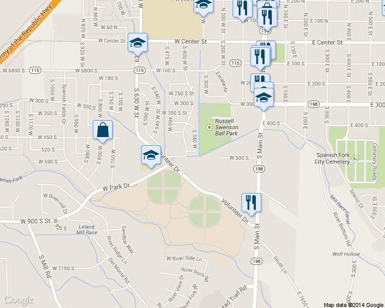 map of restaurants, bars, coffee shops, grocery stores, and more near 351 West 530 South in Spanish Fork