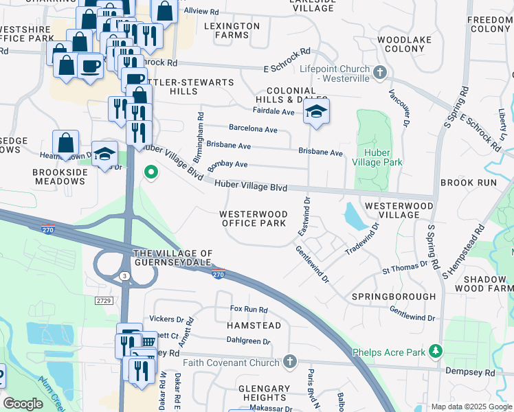 map of restaurants, bars, coffee shops, grocery stores, and more near 215 Huber Village Boulevard in Westerville