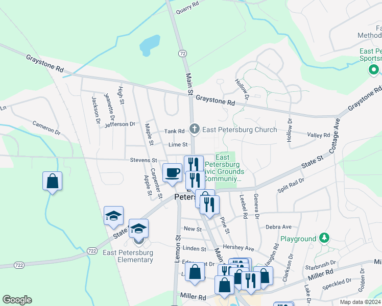 map of restaurants, bars, coffee shops, grocery stores, and more near 1991 Broad Street in East Petersburg