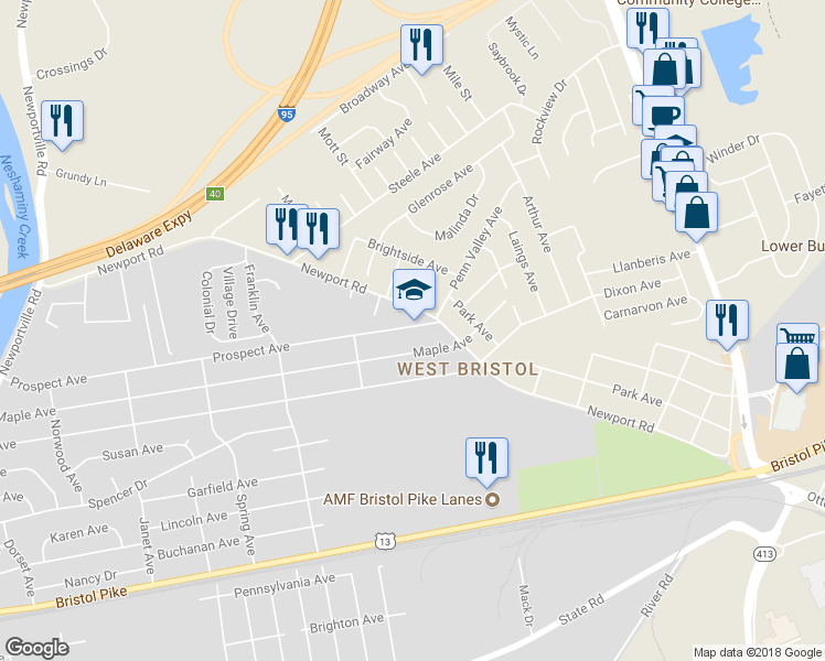 map of restaurants, bars, coffee shops, grocery stores, and more near 2348 Prospect Avenue in Croydon