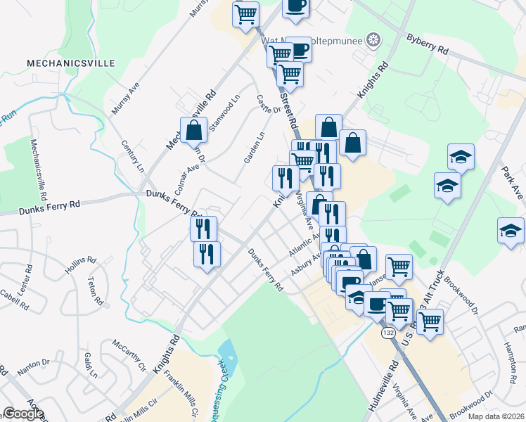map of restaurants, bars, coffee shops, grocery stores, and more near 2774 Knights Road in Bensalem