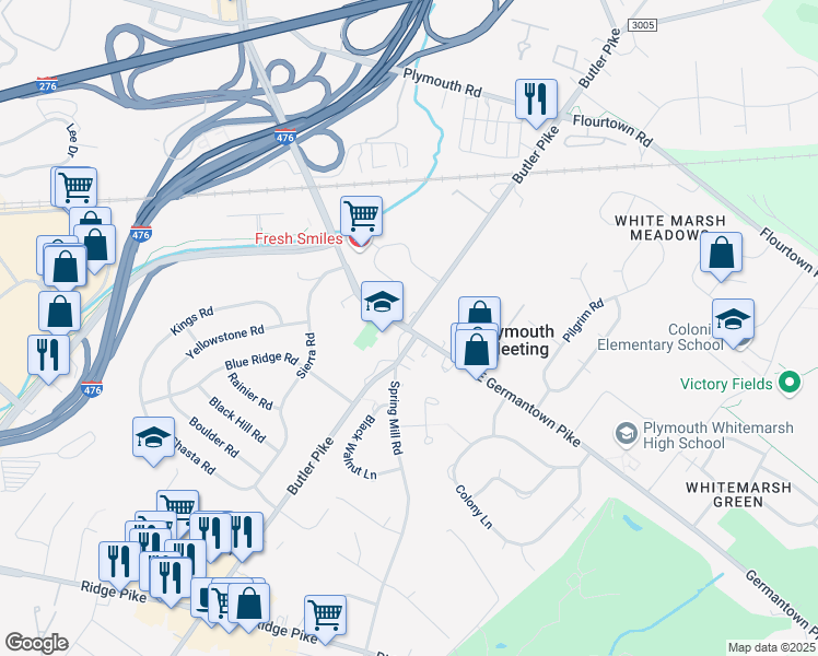 map of restaurants, bars, coffee shops, grocery stores, and more near 1 East Germantown Pike in Plymouth Meeting