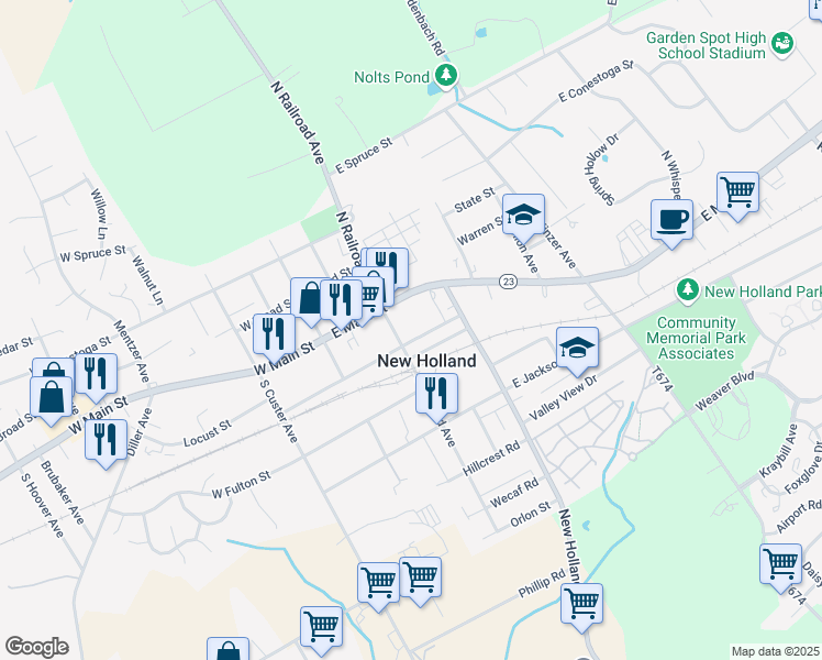 map of restaurants, bars, coffee shops, grocery stores, and more near 33 South Railroad Avenue in New Holland