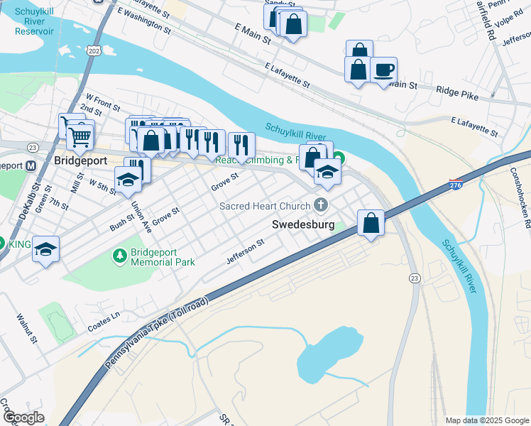map of restaurants, bars, coffee shops, grocery stores, and more near 327 Coates Street in Bridgeport