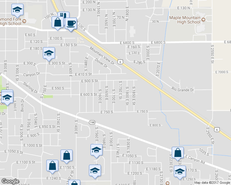 map of restaurants, bars, coffee shops, grocery stores, and more near 585 South 1700 East in Spanish Fork