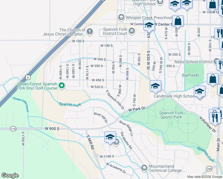 map of restaurants, bars, coffee shops, grocery stores, and more near 951 530 South in Spanish Fork