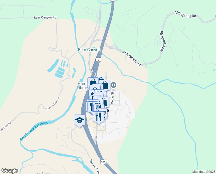 map of restaurants, bars, coffee shops, grocery stores, and more near 669 Locust Street in Garberville
