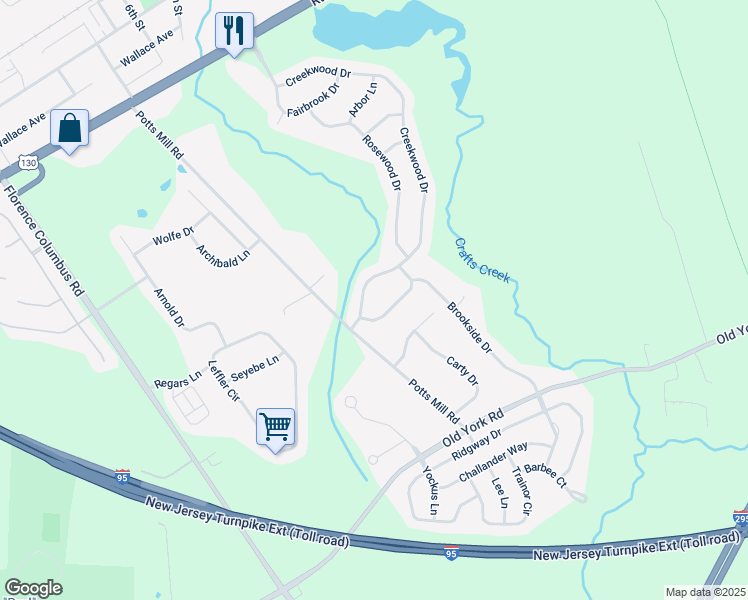 map of restaurants, bars, coffee shops, grocery stores, and more near 109 Creekwood Drive in Bordentown