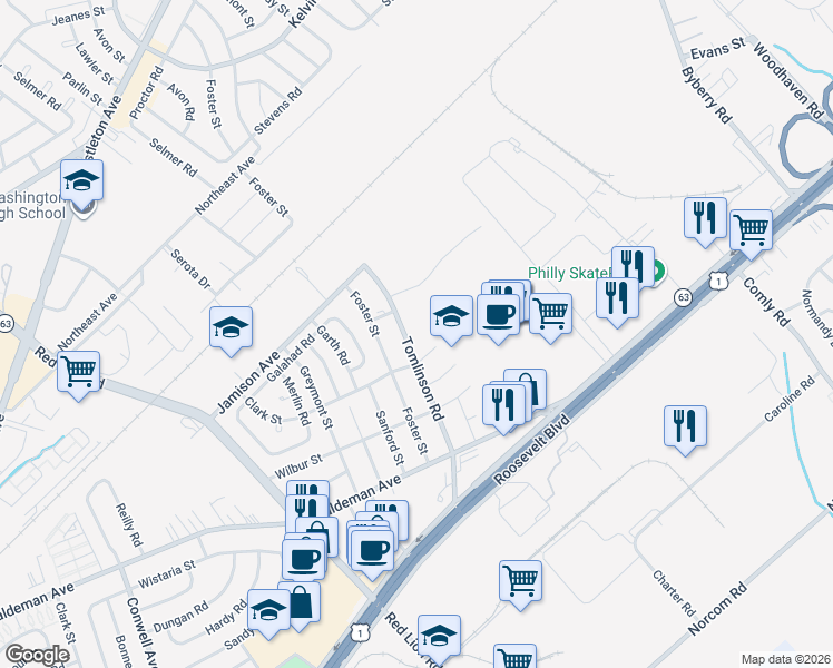 map of restaurants, bars, coffee shops, grocery stores, and more near 1835 Clark Street in Philadelphia