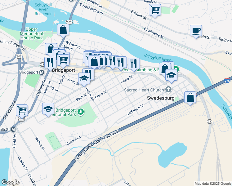 map of restaurants, bars, coffee shops, grocery stores, and more near 427 Prospect Avenue in Bridgeport