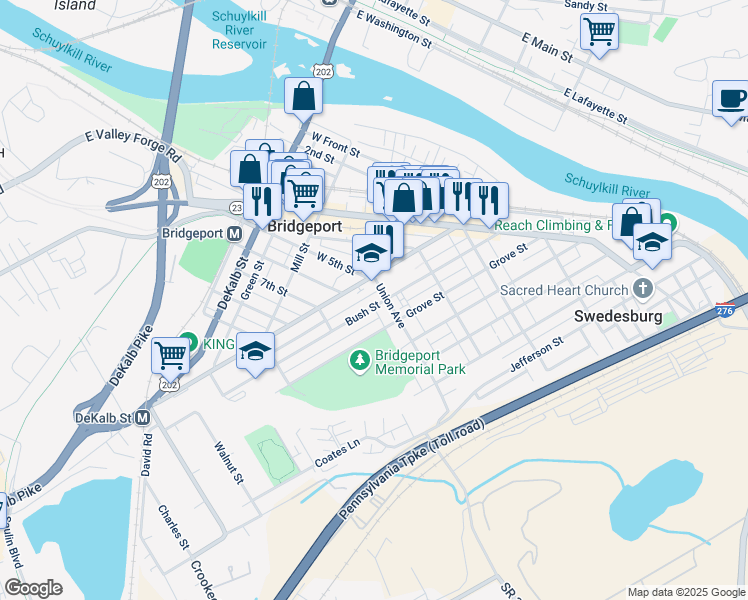 map of restaurants, bars, coffee shops, grocery stores, and more near 616 Bush Street in Bridgeport