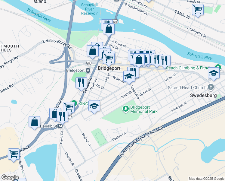 map of restaurants, bars, coffee shops, grocery stores, and more near 14 7th Street in Bridgeport