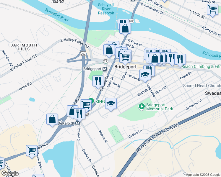 map of restaurants, bars, coffee shops, grocery stores, and more near 125 8th Street in Bridgeport