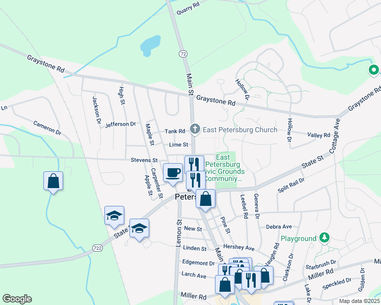 map of restaurants, bars, coffee shops, grocery stores, and more near 1991 Broad Street in East Petersburg