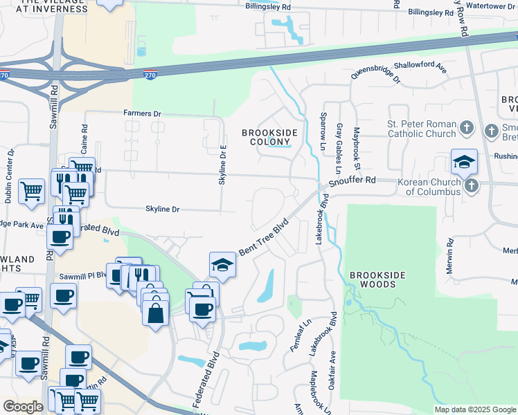map of restaurants, bars, coffee shops, grocery stores, and more near 147 Bentwood Circle in Columbus