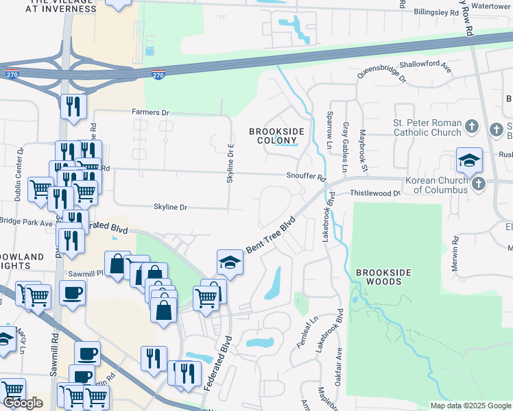 map of restaurants, bars, coffee shops, grocery stores, and more near 147 Bentwood Circle in Columbus