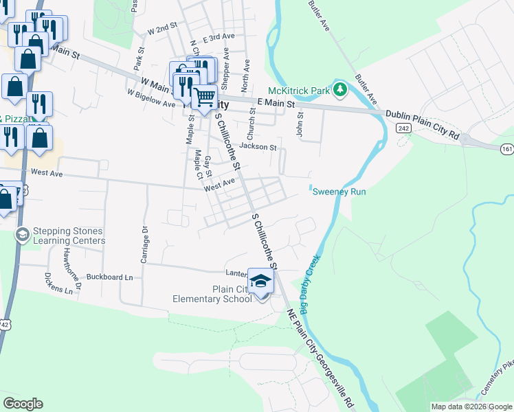map of restaurants, bars, coffee shops, grocery stores, and more near 113 South Drive in Plain City