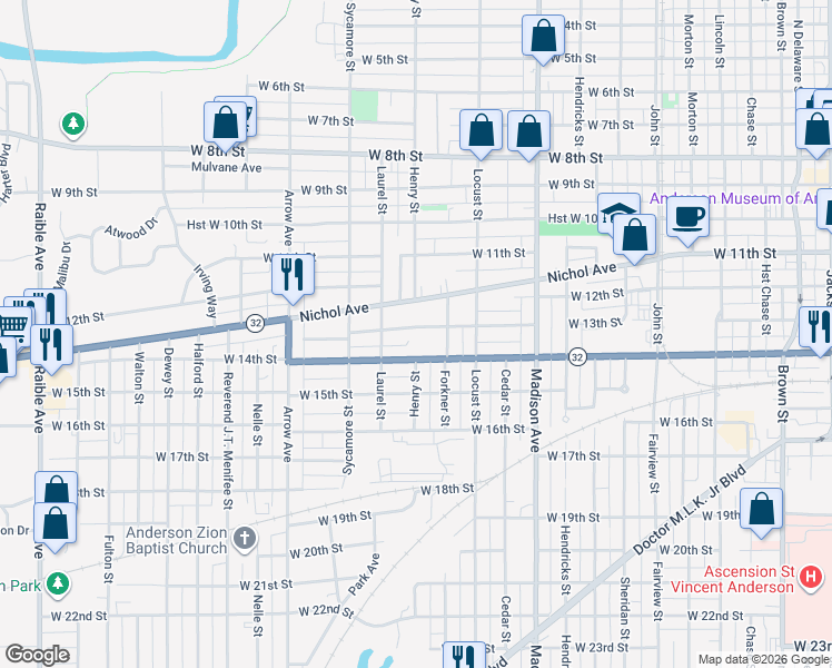 map of restaurants, bars, coffee shops, grocery stores, and more near 1329 West 13th Street in Anderson