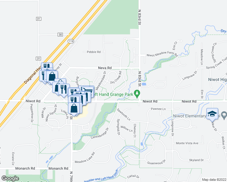 map of restaurants, bars, coffee shops, grocery stores, and more near 7024 Johnson Circle in Longmont