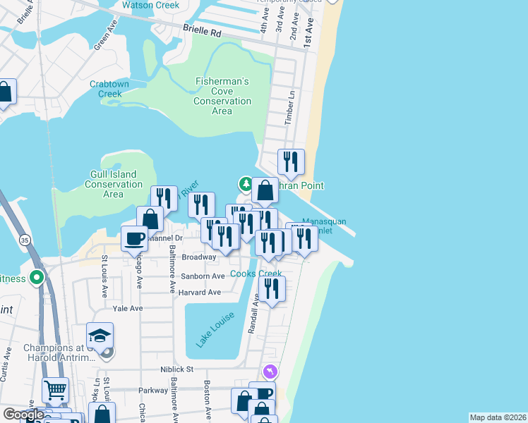 map of restaurants, bars, coffee shops, grocery stores, and more near 16 Inlet Drive in Point Pleasant Beach