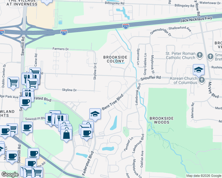 map of restaurants, bars, coffee shops, grocery stores, and more near 147 Bentwood Circle in Columbus