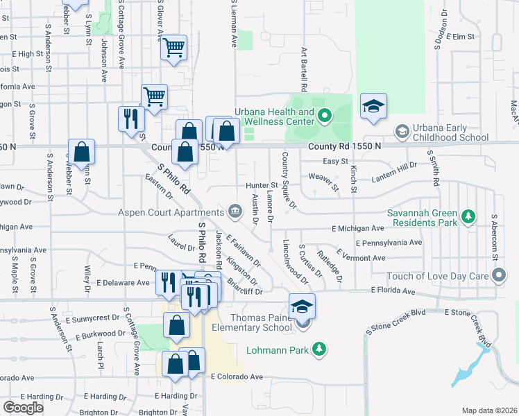 map of restaurants, bars, coffee shops, grocery stores, and more near 1112 Austin Drive in Urbana