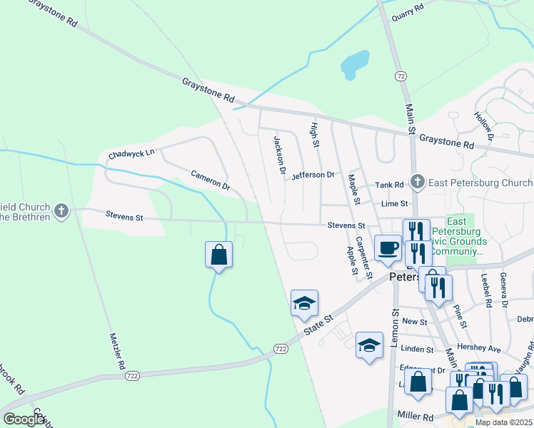 map of restaurants, bars, coffee shops, grocery stores, and more near 1601 Stevens Street in East Petersburg