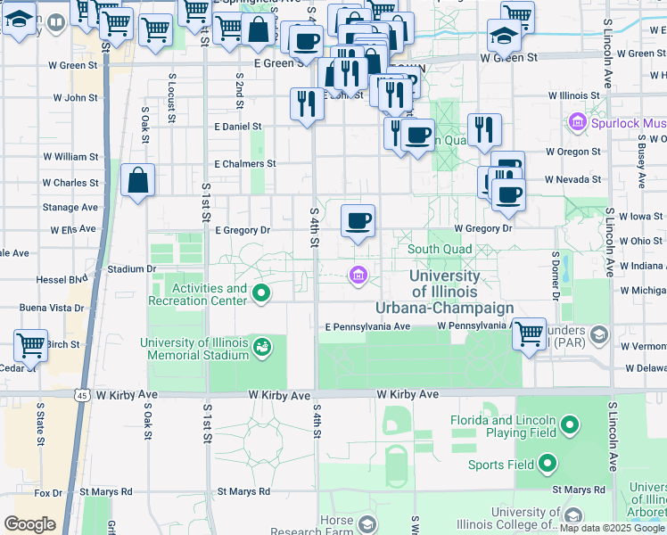map of restaurants, bars, coffee shops, grocery stores, and more near 1208 South 4th Street in Champaign