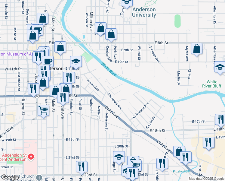 map of restaurants, bars, coffee shops, grocery stores, and more near 715 Prospect St in Anderson