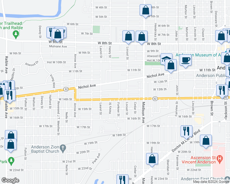 map of restaurants, bars, coffee shops, grocery stores, and more near 1317 West 13th Street in Anderson