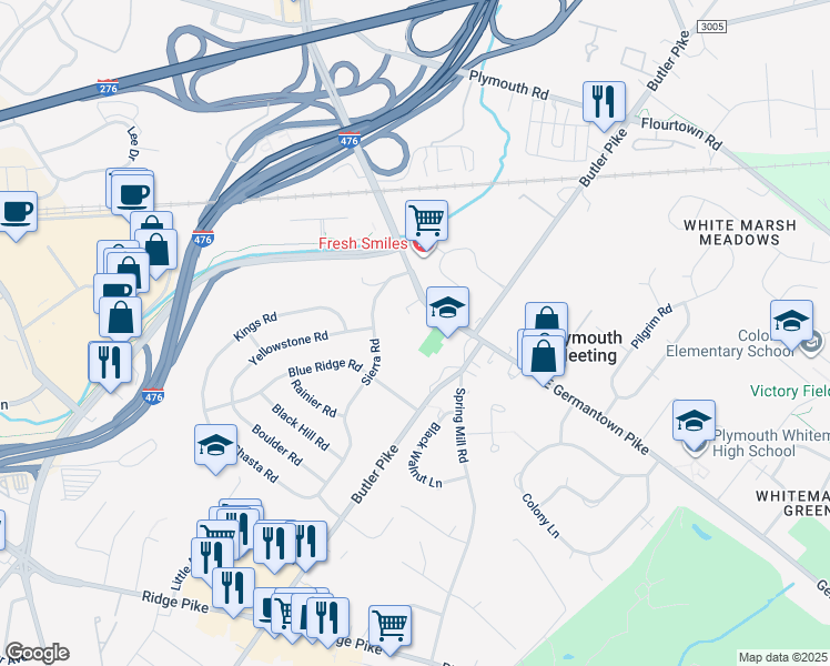 map of restaurants, bars, coffee shops, grocery stores, and more near 119 Meeting House Lane in Plymouth Meeting