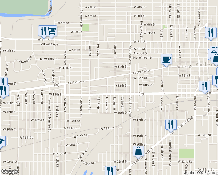 map of restaurants, bars, coffee shops, grocery stores, and more near 1227 West 13th Street in Anderson
